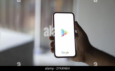 Google play store logo is displayed on smartphone, Dhaka, Bangladesh 05 ...