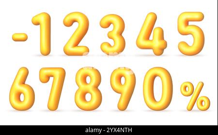 Yellow 3D realistic numbers. Voluminous inflated numbers, discount percentages 0,1, 2, 3,4, 5, 6, 7, 8, 9. Vector illustration Stock Vector