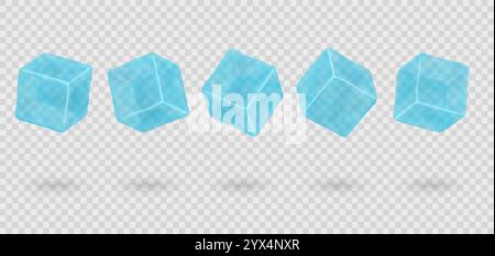 Blue ice cubes on transparent background.  Transparent 3D frozen crystal pieces. Stock Vector