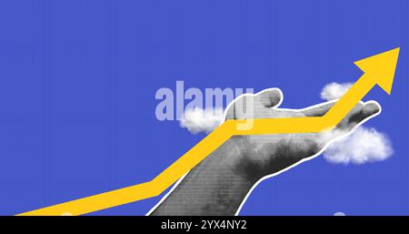 Halftone hand holding a growing up arrow. Concept successful business, investment, market trading. Vintage trendy finance vector illustration in retro Stock Vector