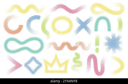 Abstract halftone wavy, circular, endless shapes in multicolored shades. Curly dot doodles in grunge style. Stock Vector