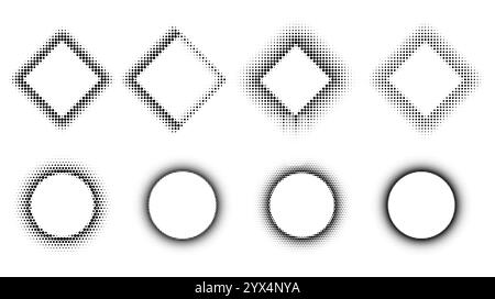 Circle dotted frames. Gradient halftone dots pattern shapes, dot spray ...