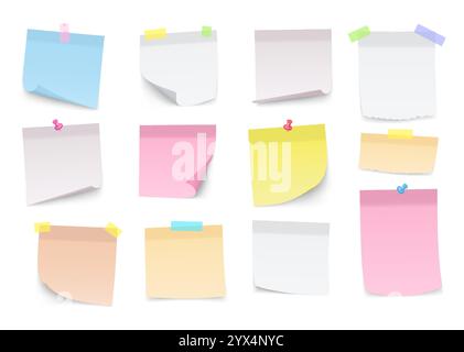 Paper notes with curved corners. Blank sticky sheets of paper, notepad, reminders, information board with messages. Stock Vector