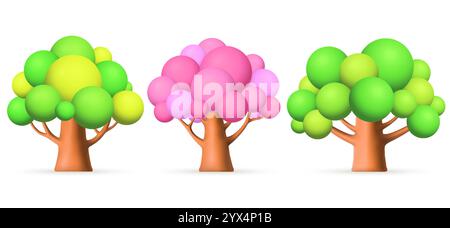3D green, pink trees on white background. Set of forest plants. Stock Vector