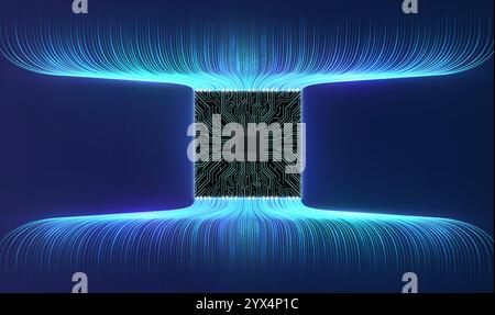 Circuit board with high-speed wireless data lines. Concept of visualization big data, central computer processor, Internet network. Stock Vector