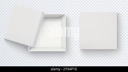 Top view of white empty square box. Realistic mockup of closed and half open cardboard paper box isolated on transparent background. Stock Vector