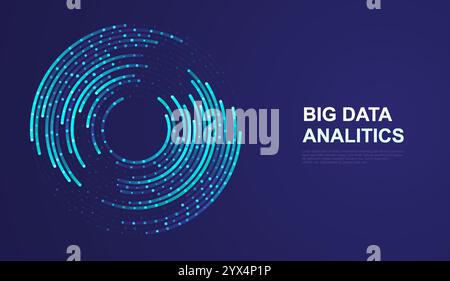 Spiral technology background of circular lines and dot connections. Abstract circle of glowing particles, big data transmission, internet network. Stock Vector