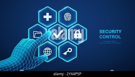 Privacy management and Internet security, cybersecurity control. Security shield with lock, key, fingerprint. Wireframe 3D hand shaking digital interf Stock Vector