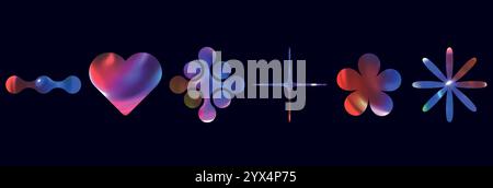Color set of shapes u2k, star, flower, heart. Liquid aesthetic gradient objects, cosmic galactic collection. Stock Vector