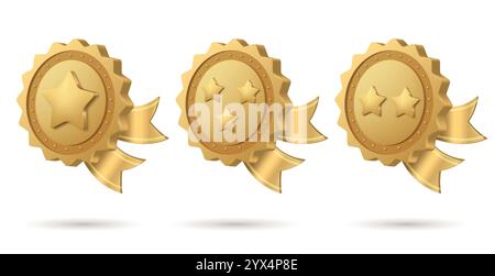 3D gold medal with star and ribbon. Certificate sign, awards 1, 2, 3 stars. Stock Vector