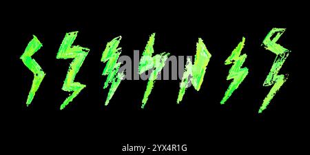 Set of lightning by wax pencil drawing. Collection of handdrawing chalk , light flash signs, Doodle thunder bolts, acid green color design elements Stock Vector