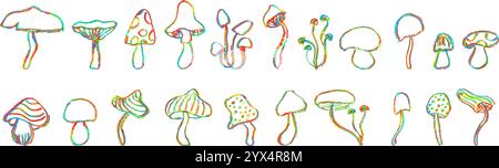 Set of fantasy mushrooms. Line art funny floral elements. Colorful mushroom sketch collection in 1960s or 1970s style on white bg. Vector groovy icons Stock Vector