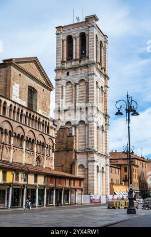 Loggia and bell tower of Cattedrale di San Giorgio on Piazza Trento e Trieste in city centre of Ferrara in the Emilia-Romagna region of northern Italy Stock Photo