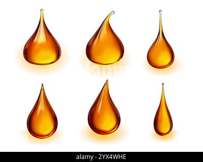 Yellow liquid drop vector set for honey, cosmetic, oil, serum, lubricant, juice and other product. Stock Vector