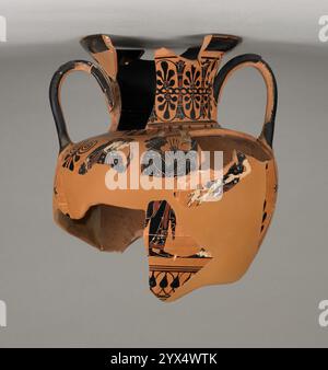 Fragmentary Attic Black-Figure Neck Amphora (comprised of 34 fragments), about 510 BC.  Additional Info: Partially reassembled neck amphora. A: Apollo with kithara standing to right; facing him on either side, two female figures. Apollo's hair is bound up in a krobylos and he wears a patterned himation (added red, and incised crosses). The women also wear heavily patterned garments. The pair standing before the god each extends a palm before him.  B: Departure of a warrior. Only part of the shield, leg and spear survive of the warrior. To the left, old man with a staff (white hair, added red o Stock Photo