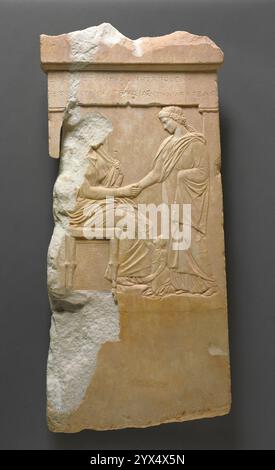 Grave Stele of Mynnia, about 370 BC.  Additional Info: The Greek inscription at the top of this funerary monument reads: &quot;Here lies Mynnia, to the sorrow of her mother, Euphrosyne.&quot; It goes on to identify the figures depicted in the carving as &quot;Artemisias, Mynnia, [daughters] of Euteles.&quot; Euphrosyne sits on a stool with her cloak pulled up over her bowed head. Mynnia stands to the right, clasping her grieving mother&#x2019;s hand, while her sister, Artemisias, kneels below. Mynnia wears her hair a long braid hanging down her back, a style indicating that she died before mar Stock Photo