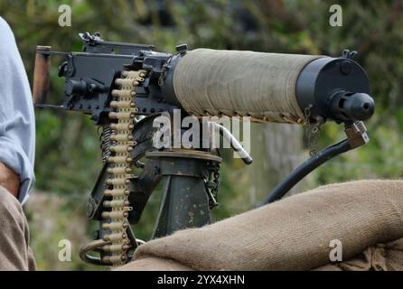 The Vickers machine gun or Vickers gun is a water-cooled .303 British (7.7 mm) machine gun produced by Vickers Limited, Stock Photo