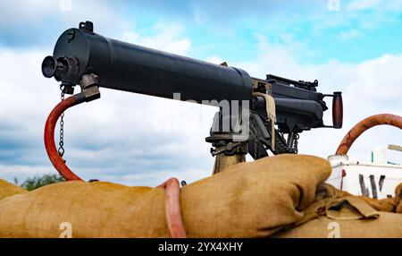 The Vickers machine gun or Vickers gun is a water-cooled .303 British (7.7 mm) machine gun produced by Vickers Limited, Stock Photo