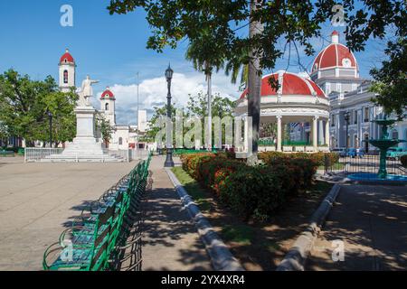 The Palacio de Gobierno, the cathedral, the monument and the gazebo in Jose Marti Park, Cienfuegos, Cuba Stock Photo