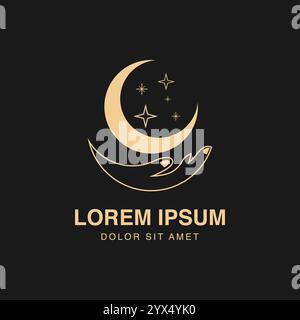Vector abstract logo design template in trendy linear minimal style - hand with moon and stars Stock Vector