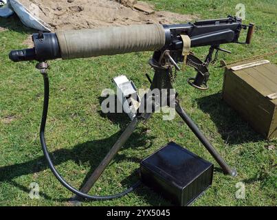 The Vickers machine gun or Vickers gun is a water-cooled .303 British (7.7 mm) machine gun produced by Vickers Limited, Stock Photo