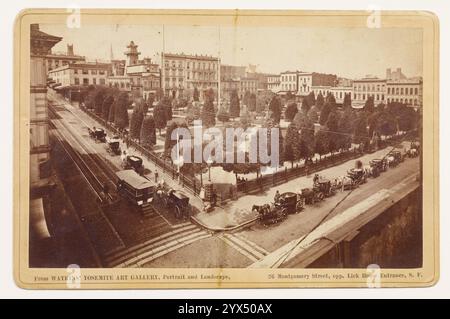 Portsmouth Square, S.F., Cor. Clay and Kearney Sts., S.F., about 1874-1878. A view of the corners of Kearney and Clay Streets, San Francisco. A street car is stopped to load passengers, horses and carriages line both streets. Stock Photo