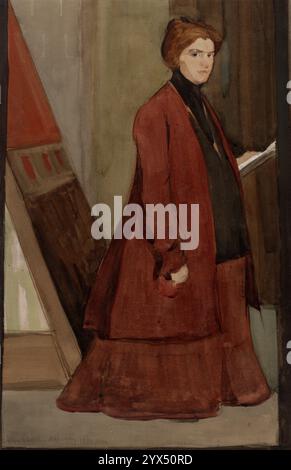 Self-Portrait During Pregnancy, 1901.  Additional Info: Elena Luksch-Makowsky depicts herself standing beside a propped-up canvas with an open sketchbook in her hand. Luksch-Makowsky’s chestnut hair echoes the reddish tones of her jacket and skirt as well as the blocks of color painted on the canvas. The deep black color of her turtleneck accentuates the paleness of her white skin. Standing in profile, Luksch-Makowsky calls attention to her large, pregnant belly protruding underneath her clothing. As she turns her head to confront the viewer with her direct gaze, Luksch-Makowsky dares u Stock Photo