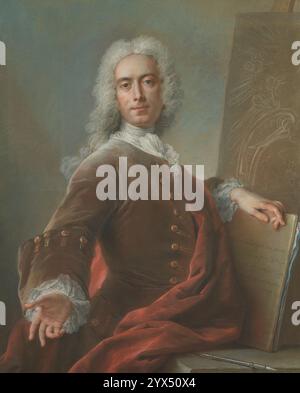 Self-Portrait, 1734.  Additional Info: Wearing the official academy costume, a brown velvet waistcoat, lace shirt, and long powdered wig, the French artist Charles-Antoine Coypel gracefully turns towards the viewer. Stock Photo