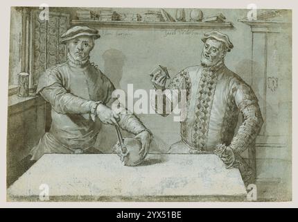 A Double Portrait of Hans Furraht and Jacob von der Burch, about 1560.  Additional Info: At a table beside an open window, two men sit for their portrait. Stacked books, a vase, and a globe line the shelf above their heads, while an hourglass sits on the windowsill. Scholars know nothing about Hans Furraht on the left or Jacob von der Burch on the right, apart from their names, which are inscribed by their heads. Both wear the costumes of fashionable, middle-class burghers, with tight-fitting padded jackets and a soft, low bonnet on their heads for warmth. Hans, shown measuring a skull, may ha Stock Photo