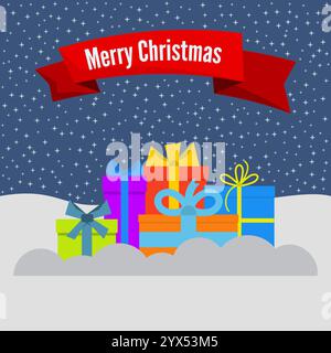Gift boxes on snow and stellar sky and a red ribbon with the inscription Happy Christmas. Vector illustration. Stock Vector