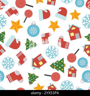 Christmas Seamless Pattern with icons in flat style. Vector illustration Stock Vector