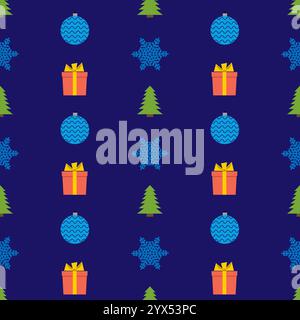 Christmas semless pattern with snowflake, christmas ball, gift box and Christmas tree on blue background. Vector illustration Stock Vector