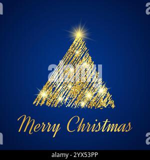 Gold glitter Christmas tree in sketch style on blue background. Happy new year card design. Vector illustration. Stock Vector