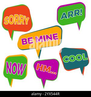 Set of six cartoon comic balloon speech bubbles in flat style. Elements of design comic books with different phrases. Vector illustration Stock Vector