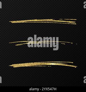 Abstract shiny confetti glittering waves. Set of three hand drawn brush golden strokes on black transparent background. Vector illustration Stock Vector