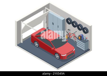 Isometric red car is parked in a tidy garage with a bicycle, spare wheels, and tools. The garage is organized for vehicle storage and technical Stock Vector