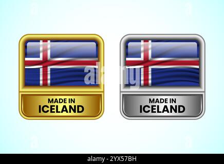 Made in Iceland label icon in gold and silver color. Flag icon set for business Stock Vector