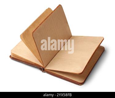 blank old opened hardback pocket sized book or diary isolated white background, yellowed pages small brown spots and frayed edges Stock Photo