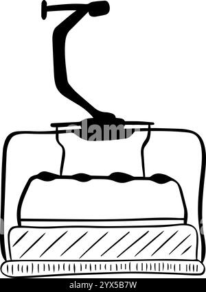 Ski lift chair black and white line graphic illustration. Chairlift at ski resort lineart landscape isolated. Elevator cableway woodland monochrome sc Stock Vector