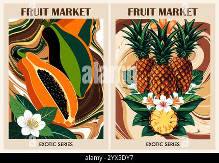 Set of Abstract Fruit Market retro posters. Stock Vector