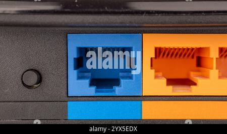 The back of the router for connecting Internet cables, macro. Stock Photo