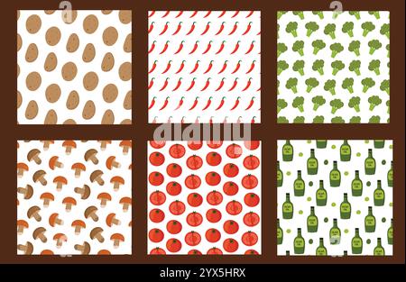 Set of seamless food and vegetable patterns. Doodle cartoon foodie patterns. Stock Vector