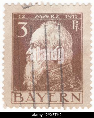 BAVARIA — 1911 March 10: 3 pfennig brown-grey on brown postage stamp depicting portrait of Prince Regent Luitpold at 90 anniversary. Luitpold Karl Joseph Wilhelm Ludwig, Prince Regent of Bavaria (12 March 1821 – 12 December 1912), was the de facto ruler of Bavaria from 1886 to 1912, as regent for his nephews, King Ludwig II and King Otto. His regency arose due to his nephews' mental incapacity Stock Photo