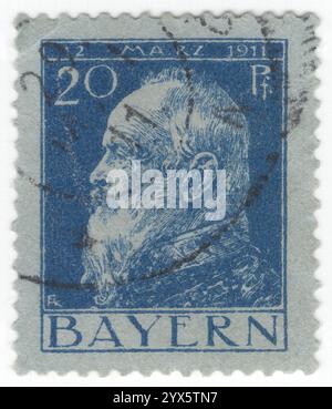 BAVARIA — 1911 March 10: 20 pfennig deep blue on blue postage stamp depicting portrait of Prince Regent Luitpold at 90 anniversary. Luitpold Karl Joseph Wilhelm Ludwig, Prince Regent of Bavaria (12 March 1821 – 12 December 1912), was the de facto ruler of Bavaria from 1886 to 1912, as regent for his nephews, King Ludwig II and King Otto. His regency arose due to his nephews' mental incapacity Stock Photo