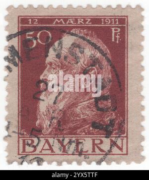 BAVARIA — 1911 March 10: 50 pfennig claret-grey on brown postage stamp depicting portrait of Prince Regent Luitpold at 90 anniversary. Luitpold Karl Joseph Wilhelm Ludwig, Prince Regent of Bavaria (12 March 1821 – 12 December 1912), was the de facto ruler of Bavaria from 1886 to 1912, as regent for his nephews, King Ludwig II and King Otto. His regency arose due to his nephews' mental incapacity Stock Photo