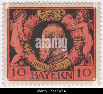 BAVARIA — 1911 June 10: 10 pfennig rose, yellow and black postage stamp depicting portrait of Prince Regent Luitpold at Silver Jubilee. Luitpold Karl Joseph Wilhelm Ludwig, Prince Regent of Bavaria (12 March 1821 – 12 December 1912), was the de facto ruler of Bavaria from 1886 to 1912, as regent for his nephews, King Ludwig II and King Otto. His regency arose due to his nephews' mental incapacity Stock Photo