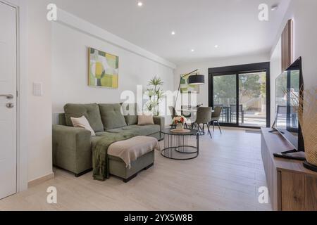 Bright and stylish open-plan living and dining room featuring green furniture, minimalist decor, and large sliding doors leading to a terrace. Stock Photo