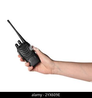 Woman with walkie talkie on white background, closeup Stock Photo