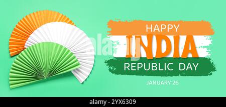 Indian flag made of colorful fans on green background. Greeting banner for India Republic Day Stock Photo