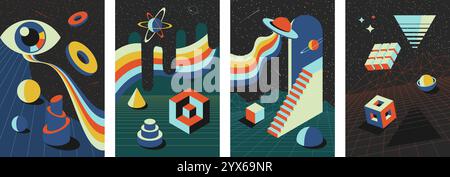 Set of vibrant abstract psychedelic space themed compositions. Vintage geometric shapes with planets and winding paths. Four colorful designs for posters, cards, wall art or creative templates Stock Vector